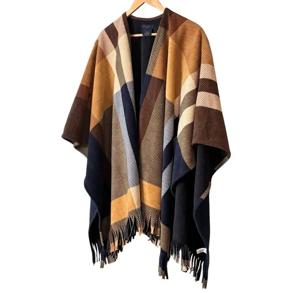 Rachel Roy Plaid Fringe Poncho Wrap Cape Shawl – Neutral Colorblock OS - Picture 3 of 10